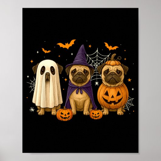 Grappige Pug Geest Heks Pompoen Halloween Kostuum Poster (Voorkant)