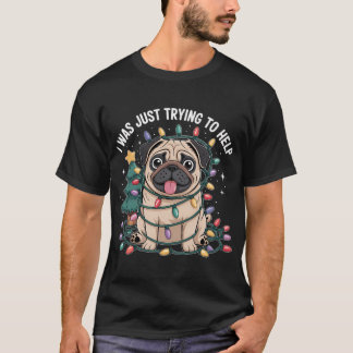 Grappige Pug Hond in Kerstverlichting Vakantie T-shirt
