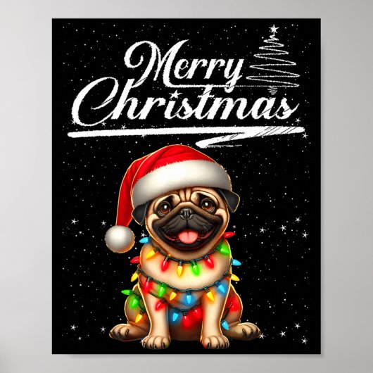 Grappige Pug Hond Kerstlichten Kerstman Hoed Snoep Poster (Voorkant)