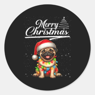 Grappige Pug Hond Kerstlichten Kerstman Hoed Suike Ronde Sticker