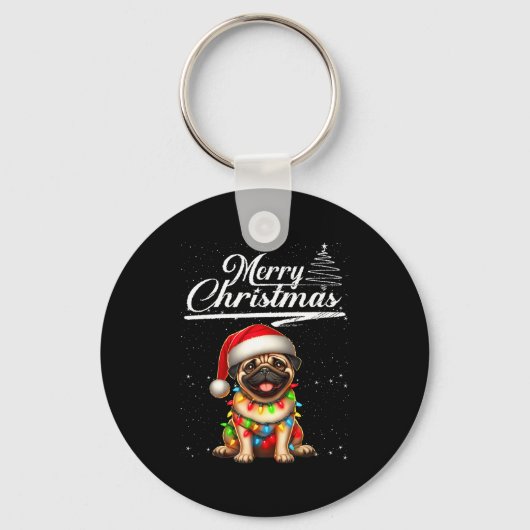 Grappige Pug Hond Kerstlichten Kerstman Hoed Suike Sleutelhanger (Voorkant)