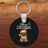Grappige Pug Hond Kerstlichten Kerstman Hoed Suike Sleutelhanger (Voorkant)