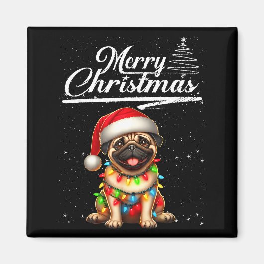 Grappige Pug Hond Kerstverlichting Kerstman Hoed S Magneet (Voorkant)