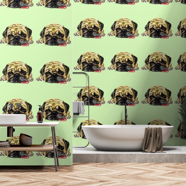 Grappige Pug Hond met aangepaste kleuren Behang (Badkamer)