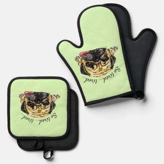 Grappige Pug Hond met aangepaste tekst en kleuren Ovenwant & Pannenlap Set (Voorkant / Achterkant)