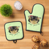 Grappige Pug Hond met aangepaste tekst en kleuren Ovenwant & Pannenlap Set (Top down)