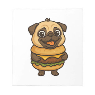 Grappige pug met hamburger cheeseburger mythische notitieblok