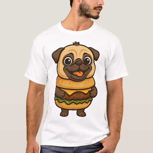 Grappige pug met hamburger cheeseburger mythische t-shirt (Voorkant)