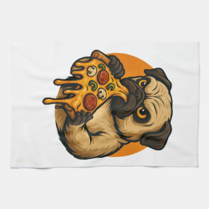 Grappige pug met pizza Italiaans eten cartoon Theedoek