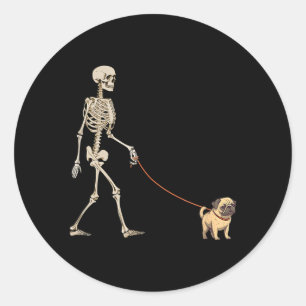 Grappige Pug Skelet Hond Wandelen Halloween Hond Ronde Sticker