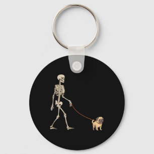 Grappige Pug Skelet Hond Wandelen Halloween Hond Sleutelhanger