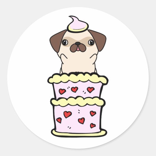 Grappige pug springen uit een taart ronde sticker (Voorkant)