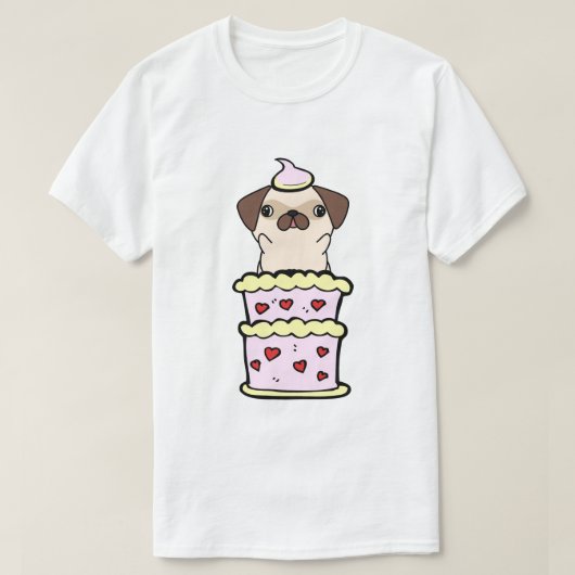 Grappige pug springen uit een taart t-shirt (Design voorkant)