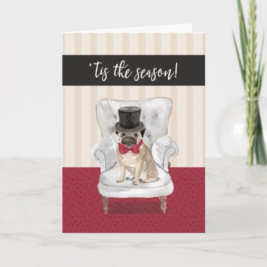 Grappige Pug van Kerstmis Hond in Hoge zijden en Feestdagen Kaart (Voorkant)