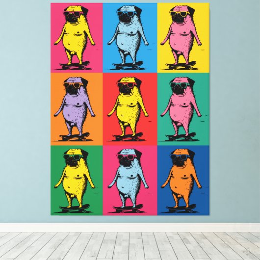 Grappige Pugs op Skateboards Pop Art Raster Canvas Afdruk (Insitu (Houten vloer))