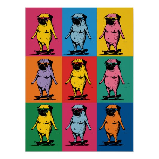Grappige Pugs op Skateboards Pop Art Raster Perfect Poster (Voorkant)