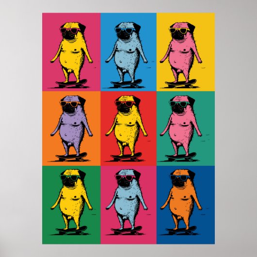 Grappige Pugs op Skateboards Pop Art Raster Poster (Voorkant)