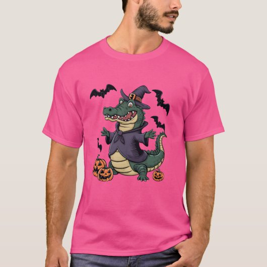 Grappige Pumpkin Bat Witch Kostuum Alligator Hallo T-shirt (Voorkant)