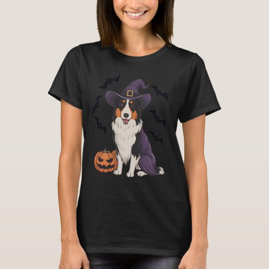 Grappige Pumpkin Bat Witch Kostuum Border Collie D T-shirt (Voorkant)
