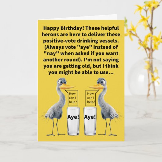 Grappige Pun Heron Aides en Aye Bril Verjaardag Kaart (Gele Bloem)