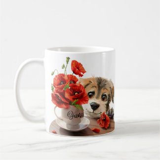 Grappige puppy en papaver bloemen koffiemok