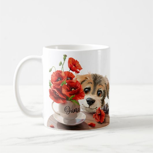 Grappige puppy en papaver bloemen koffiemok (Links)