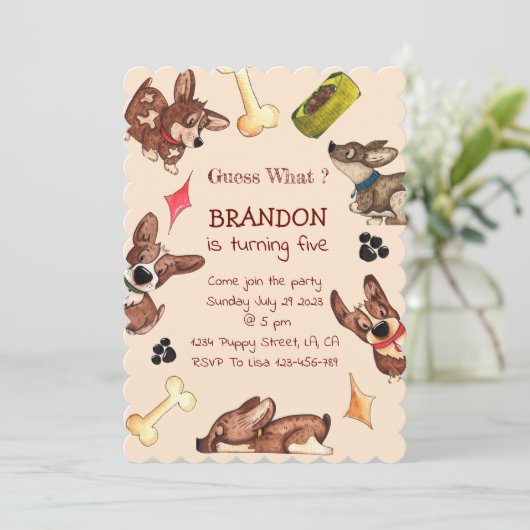 Grappige puppy kinderen verjaardag uitnodiging (Staand voorkant)