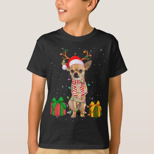 Grappige Pyjama Santa Hat Chihuahua Kerstverlichti T-shirt (Voorkant)
