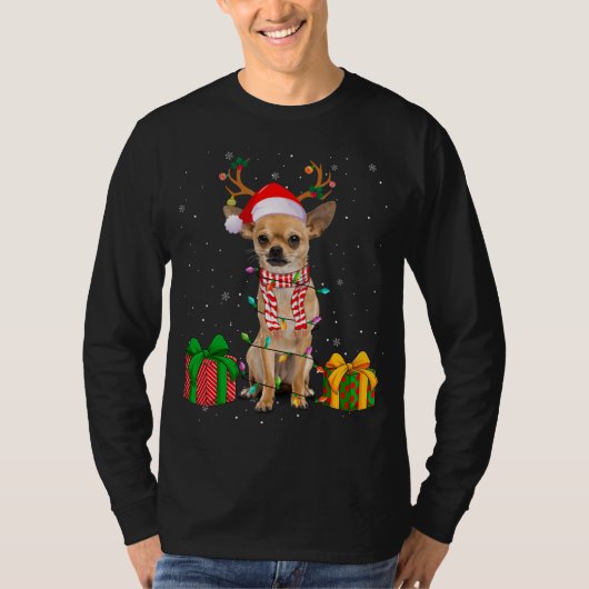 Grappige Pyjama Santa Hat Chihuahua Kerstverlichti T-shirt (Voorkant)