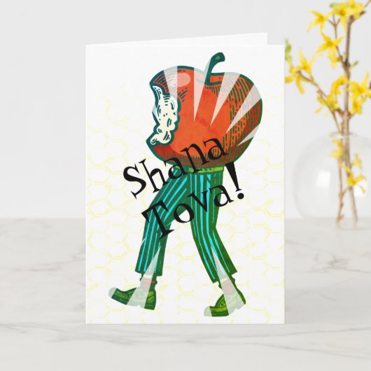 Grappige Quirkige Appel Hoofd Rosh Hashanah Grappi Kaart (Gele Bloem)