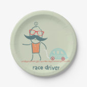 Grappige racecoureur snor karakter papieren bordje (Voorkant)