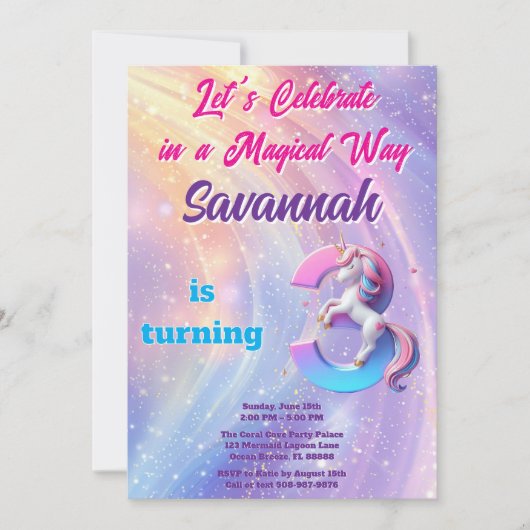 Grappige Rainbow Unicorn 3e verjaardag uitnodiging (Voorkant)