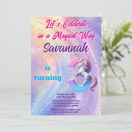 Grappige Rainbow Unicorn 3e verjaardag uitnodiging (Staand voorkant)