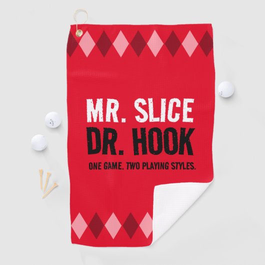 Grappige Red Argyle Mr. Slice en Dr. Hook ... Golfhanddoek (Insitu)