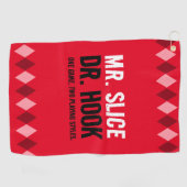 Grappige Red Argyle Mr. Slice en Dr. Hook ... Golfhanddoek (Horizontaal)