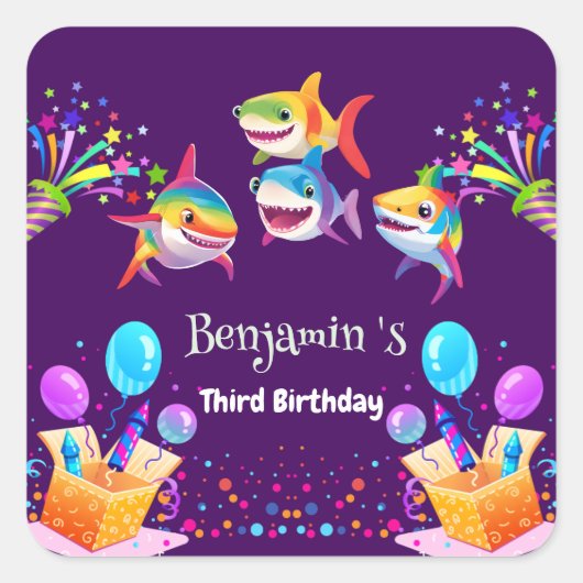 Grappige regenboog haai verjaardag ballon party jo vierkante sticker (Voorkant)