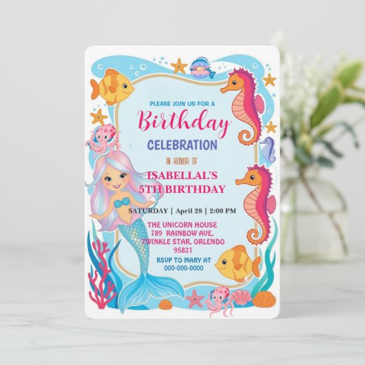 Grappige regenboog zeemeermin octopus ster verjaar save the date (Staand voorkant)