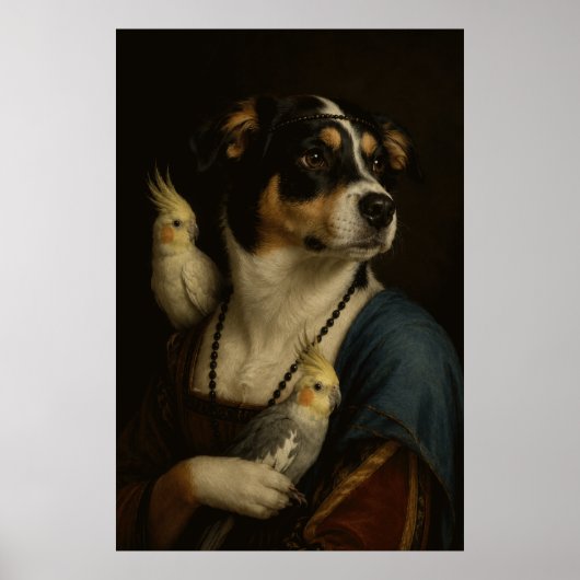 Grappige Renaissance-hond en valkparkiet-schilderi Poster (Voorkant)