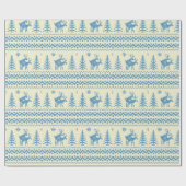 Grappige Rendier Kerstboom Sneeuw Blauwe Patroon Cadeaupapier (Vlak)