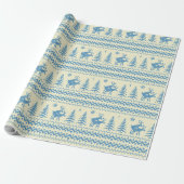Grappige Rendier Kerstboom Sneeuw Blauwe Patroon Cadeaupapier (Uitgerold)