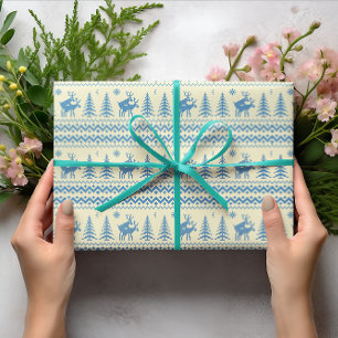 Grappige Rendier Kerstboom Sneeuw Blauwe Patroon Cadeaupapier