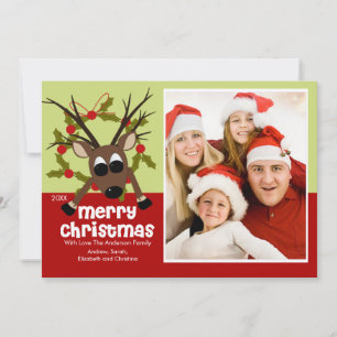Grappige rendier leuke kerst platte fotokaart feestdagenkaart
