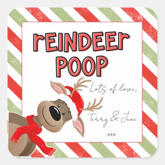Grappige rendier poep kerstgunst vakantietas vierkante sticker (Voorkant)