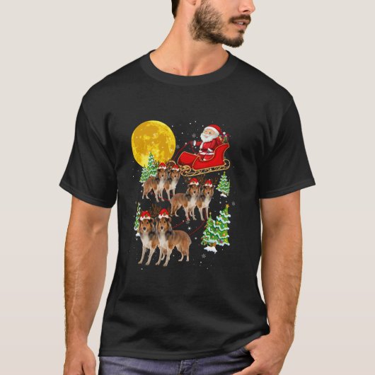 Grappige rendier Sheltie honden met Kerstman slee T-shirt (Voorkant)