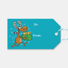 Grappige rendieren rennen met een cadeau cadeaulabel