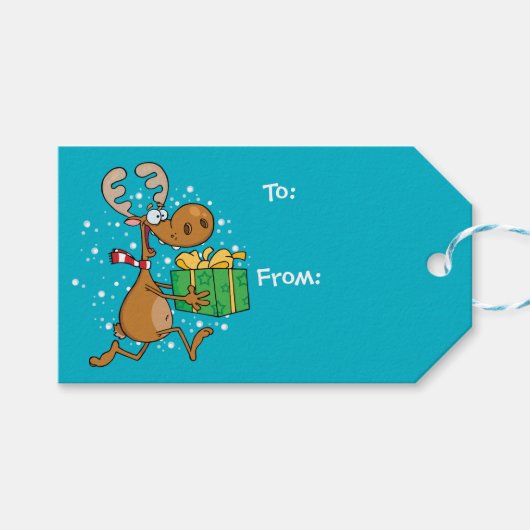 Grappige rendieren rennen met een cadeau cadeaulabel (Voorkant (Horizontaal))