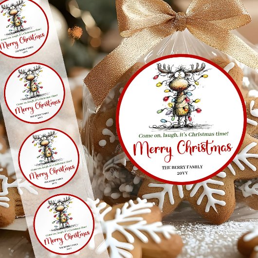 Grappige rendierwhimsische kerstkaart sticker ontw