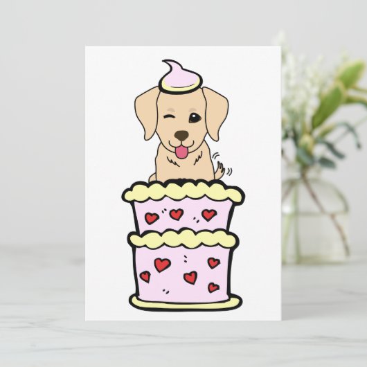 Grappige retriever hond springen uit een taart feestdagenkaart (Staand voorkant)