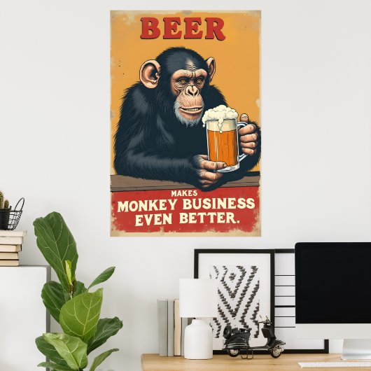 Grappige retro aap bier kunst - maakt aap zaken poster (Thuiskantoor)