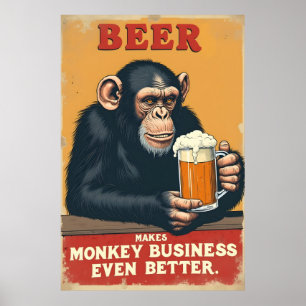 Grappige retro aap bier kunst - maakt aap zaken poster